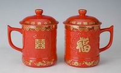 紅瓷燒金浮雕玉瓷福喜對(duì)杯